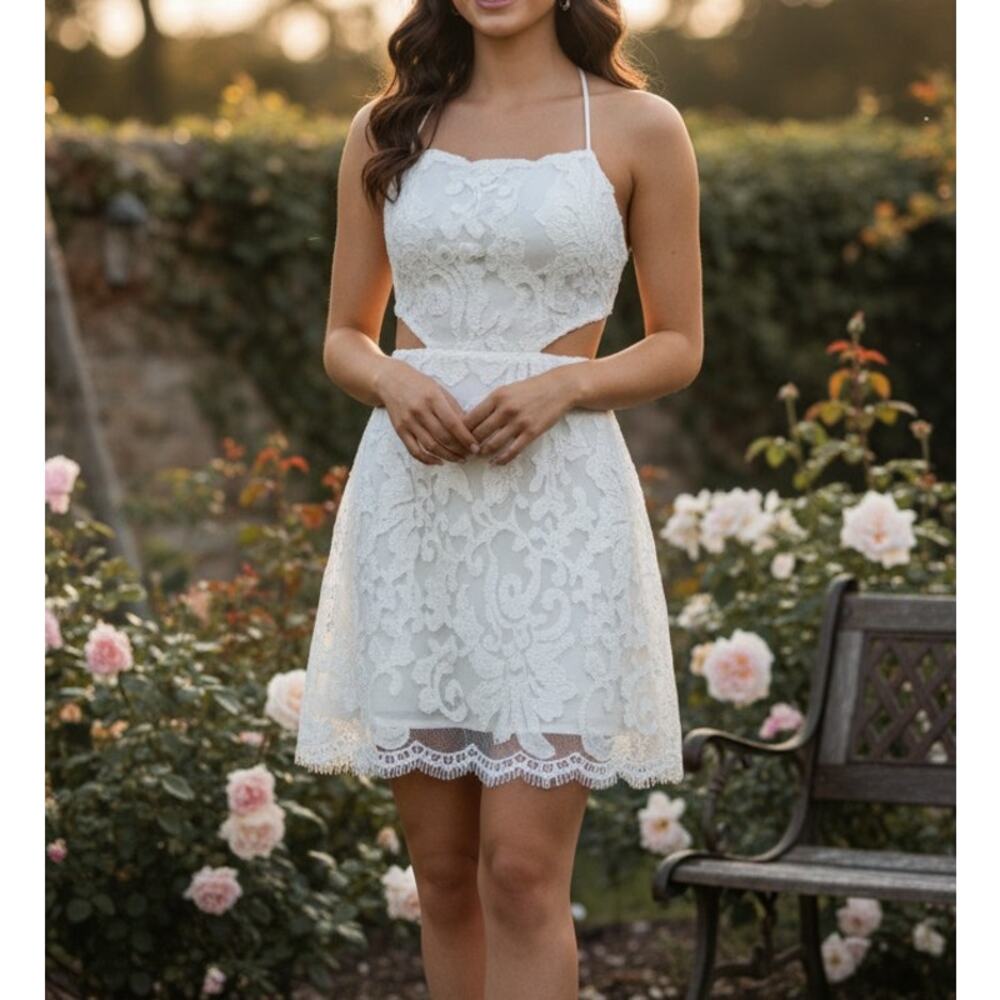Lucy in the Sky Lace Cutout Mini A-line Dress White Sequined Embellished Lace S